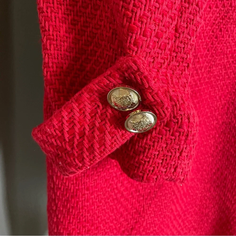 Zara Textured Tweed Coat Gold Buttons Oversized Jacket Red BLOGGER FAVORITE